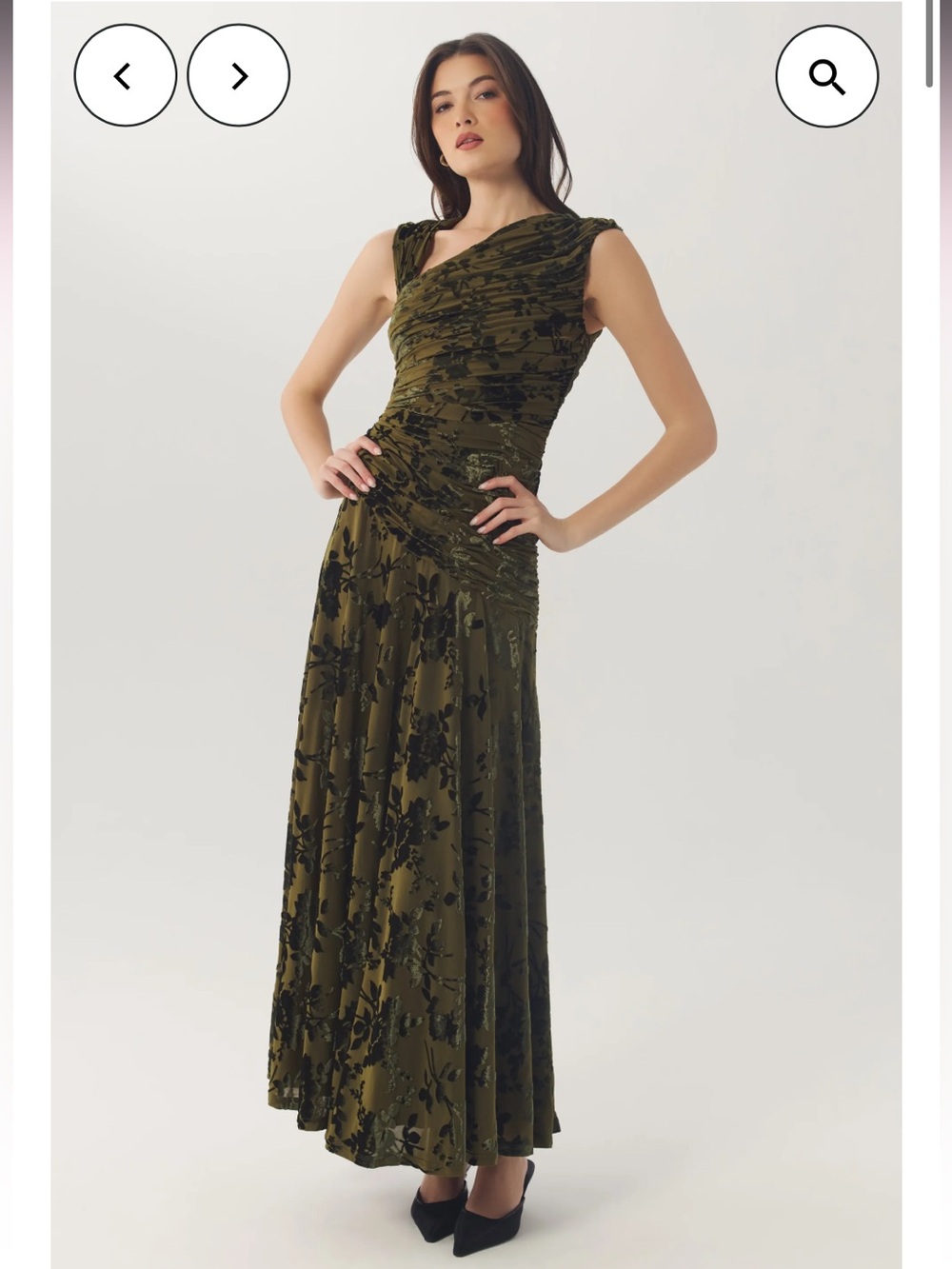 hutch ester olive green floral burnout ruched asymmetrical maxi gown dress small